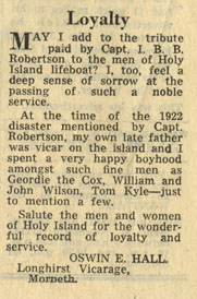 Newspaper clipping of a letter titled ‘Loyalty’, regarding the decision to close Holy Island Lifeboat station
