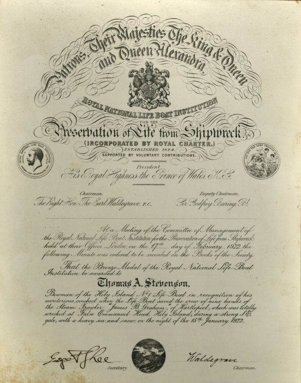 RNLI Certificate of Service awarded to Thomas A. Stevenson of Holy Island 